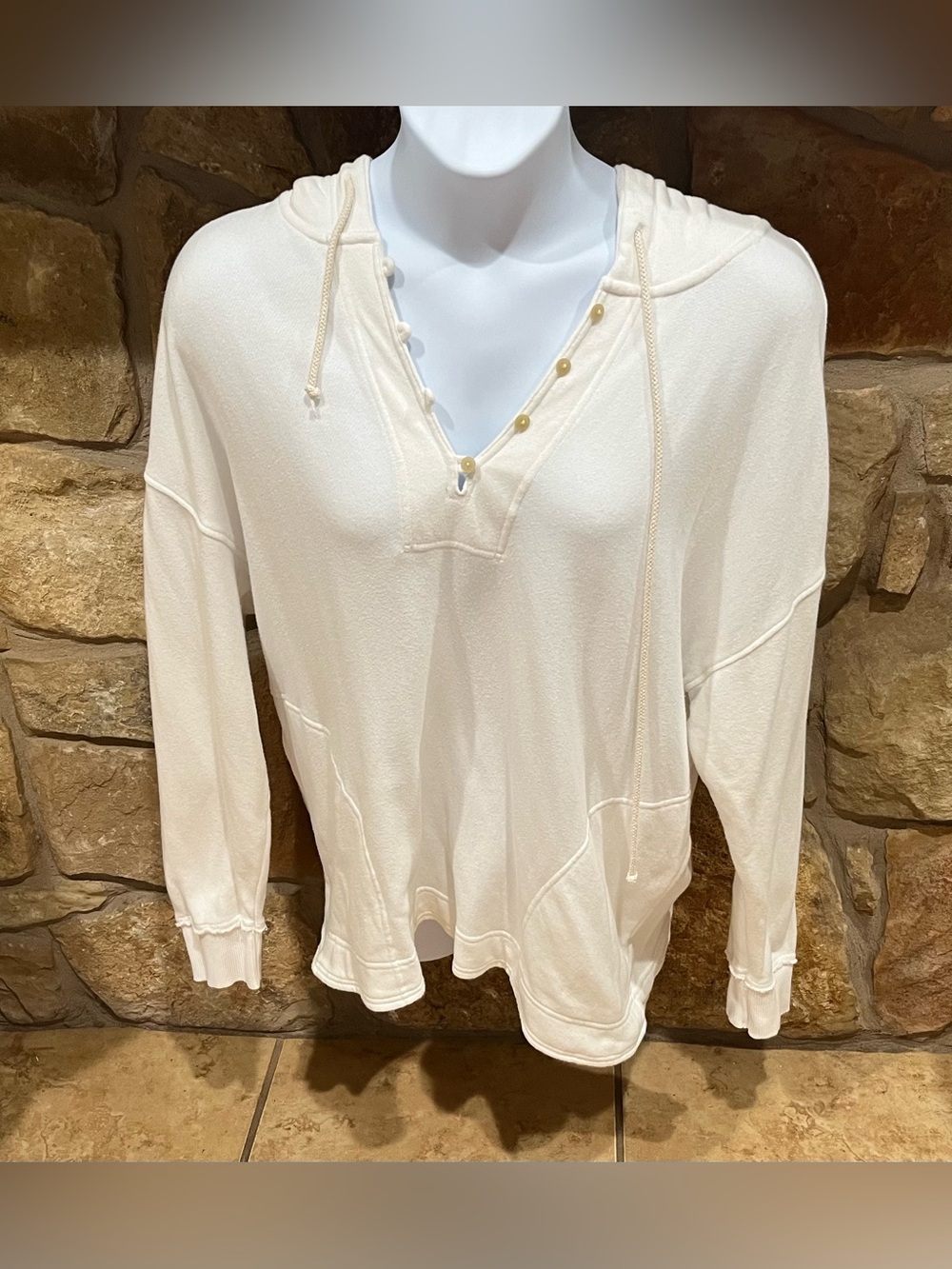 Cozy Soft Aerie Ivory Cream Henley Hooded Top Medium Dropped Shoulders Relaxed